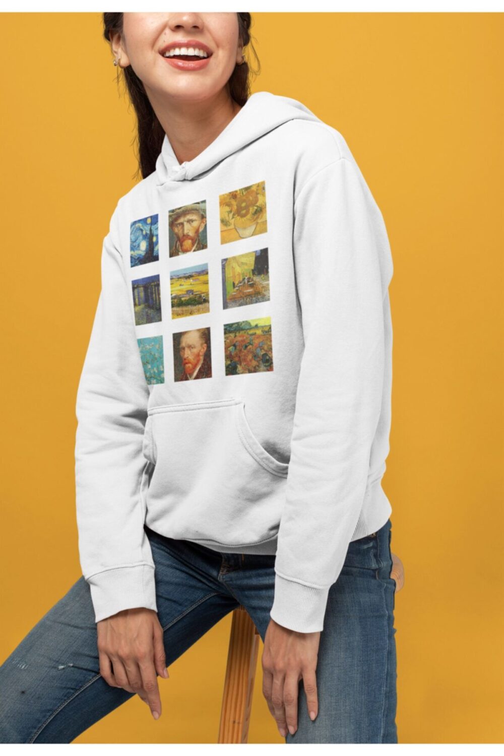 3 Iplik Beyaz Van Gogh Sweatshirt Hoodie