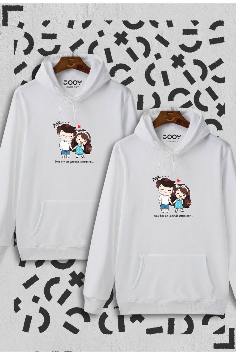 Aşk Temalı Sevgili Çift Kombini Beyaz Kapüşonlu Sweatshirt 2’li Set