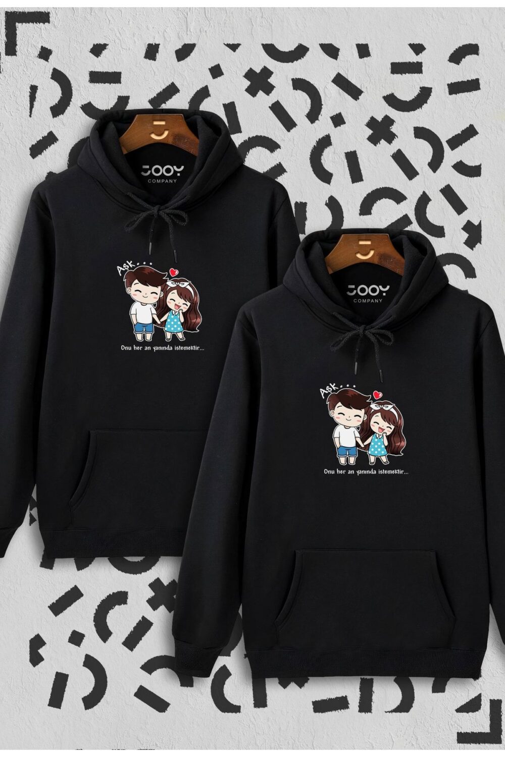 Aşk Temalı Sevgili Çift Kombini Siyah Kapüşonlu Sweatshirt 2’li Set