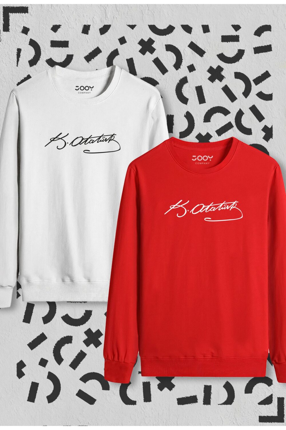 Atatürk İmza Baskılı Kırmızı Beyaz Bisiklet Yaka Sweatshirt 2’li Set