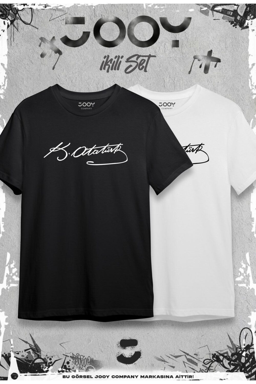 Atatürk İmza Baskılı Oversize Geniş Kalıp T-Shirt Siyah Beyaz 2’li Set