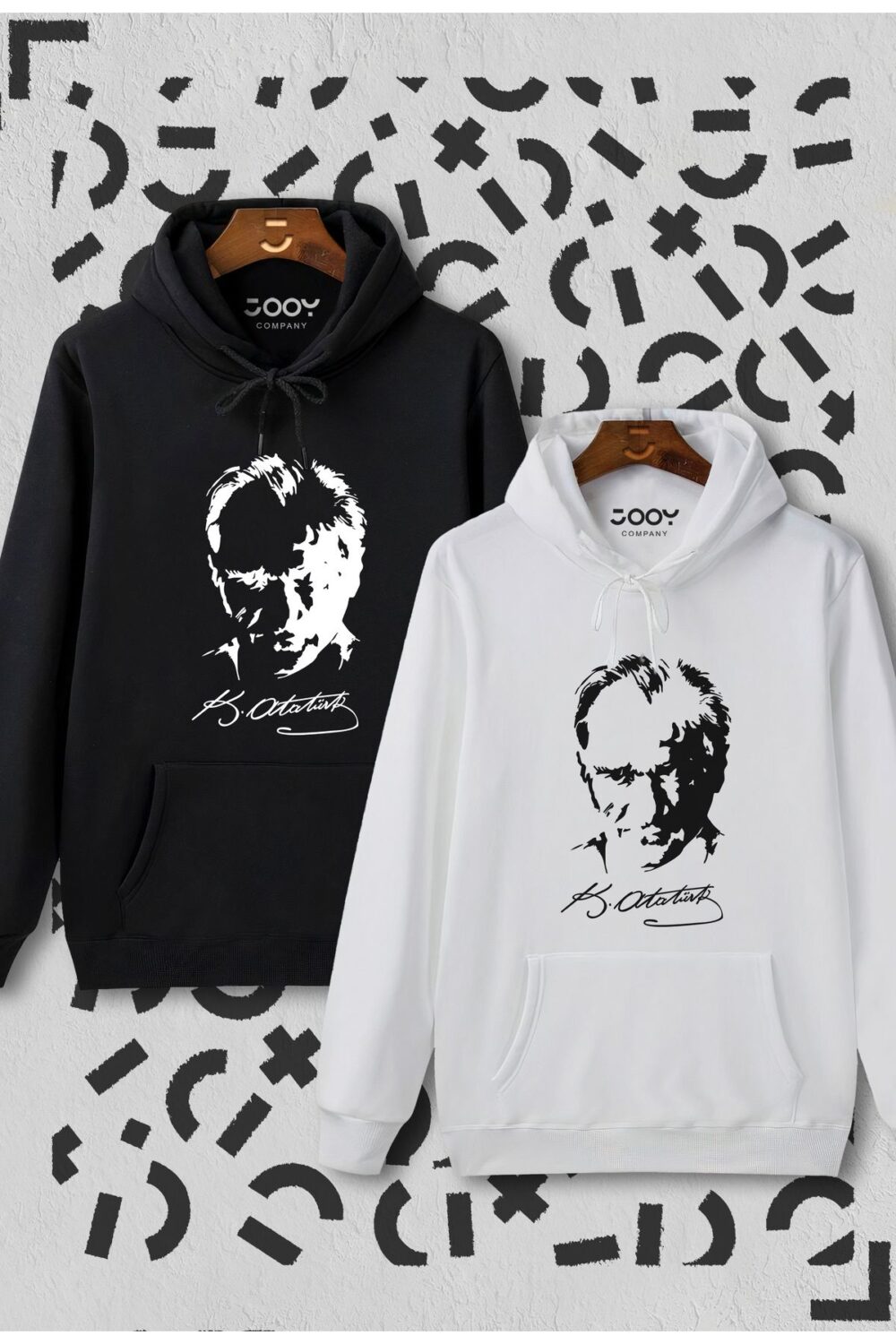 Atatürk Siluet İmza Baskılı Siyah Beyaz Kapüşonlu Sweatshirt Avantaj Paketi 2’li Set