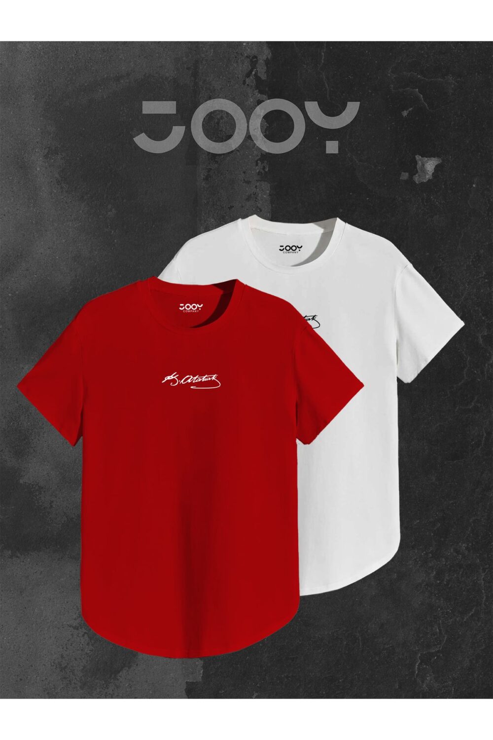 Atatürk imza Baskılı Kırmızı Beyaz Oval Kesim Tshirt 2’li Set