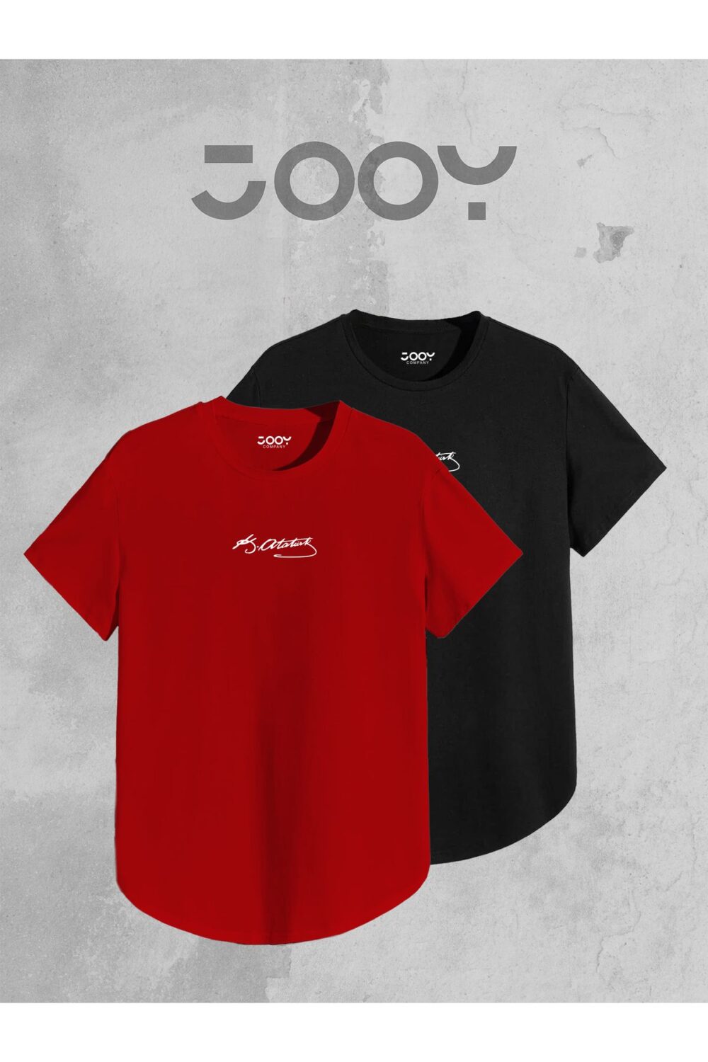 Atatürk imza Baskılı Siyah Kırmızı Oval Kesim Tshirt 2’li Set