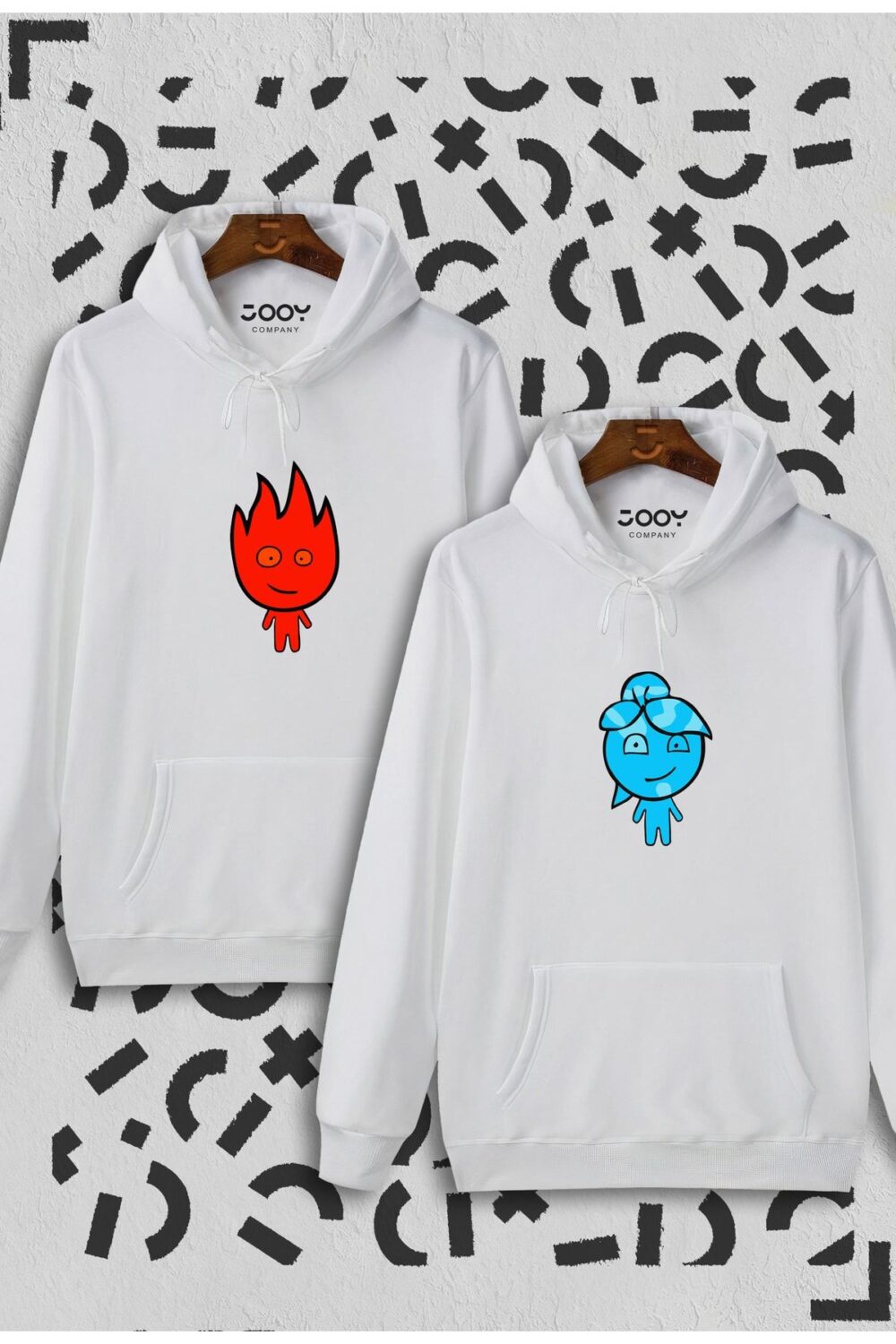 Ateş Ve Su Tasarım Sevgili Çift Kombini Beyaz Kapüşonlu Sweatshirt 2’li Set