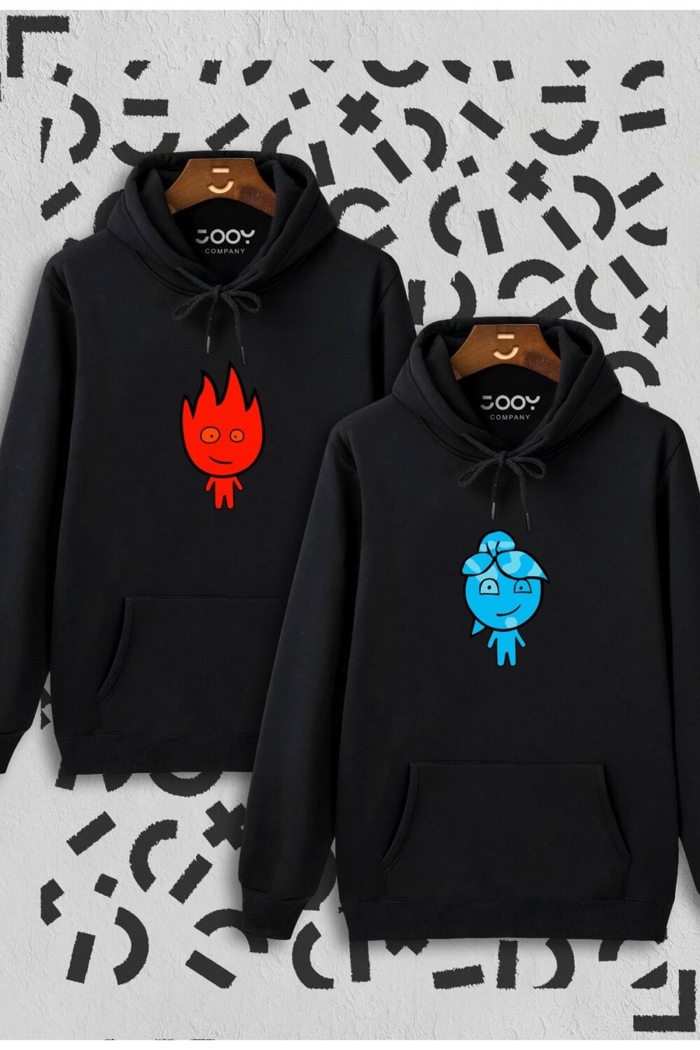 Ateş Ve Su Tasarım Sevgili Çift Kombini Siyah Kapüşonlu Sweatshirt 2’li Set