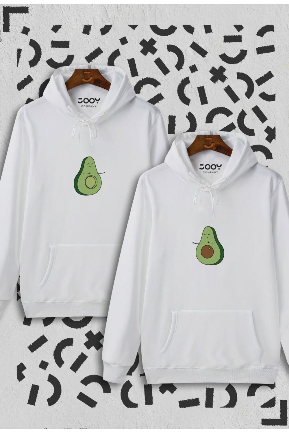 Avokado Tasarım Sevgili Çift Kombini Beyaz Kapüşonlu Sweatshirt 2’li Set