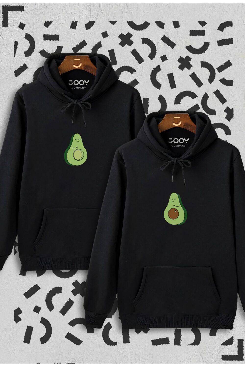 Avokado Tasarım Sevgili Çift Kombini Siyah Kapüşonlu Sweatshirt 2’li Set