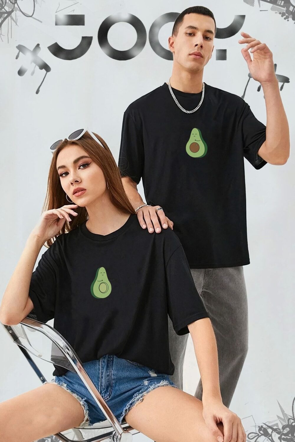 Avokado Tasarım Sevgili Çift Kombini Siyah Oversize Tshirt 2’li Set