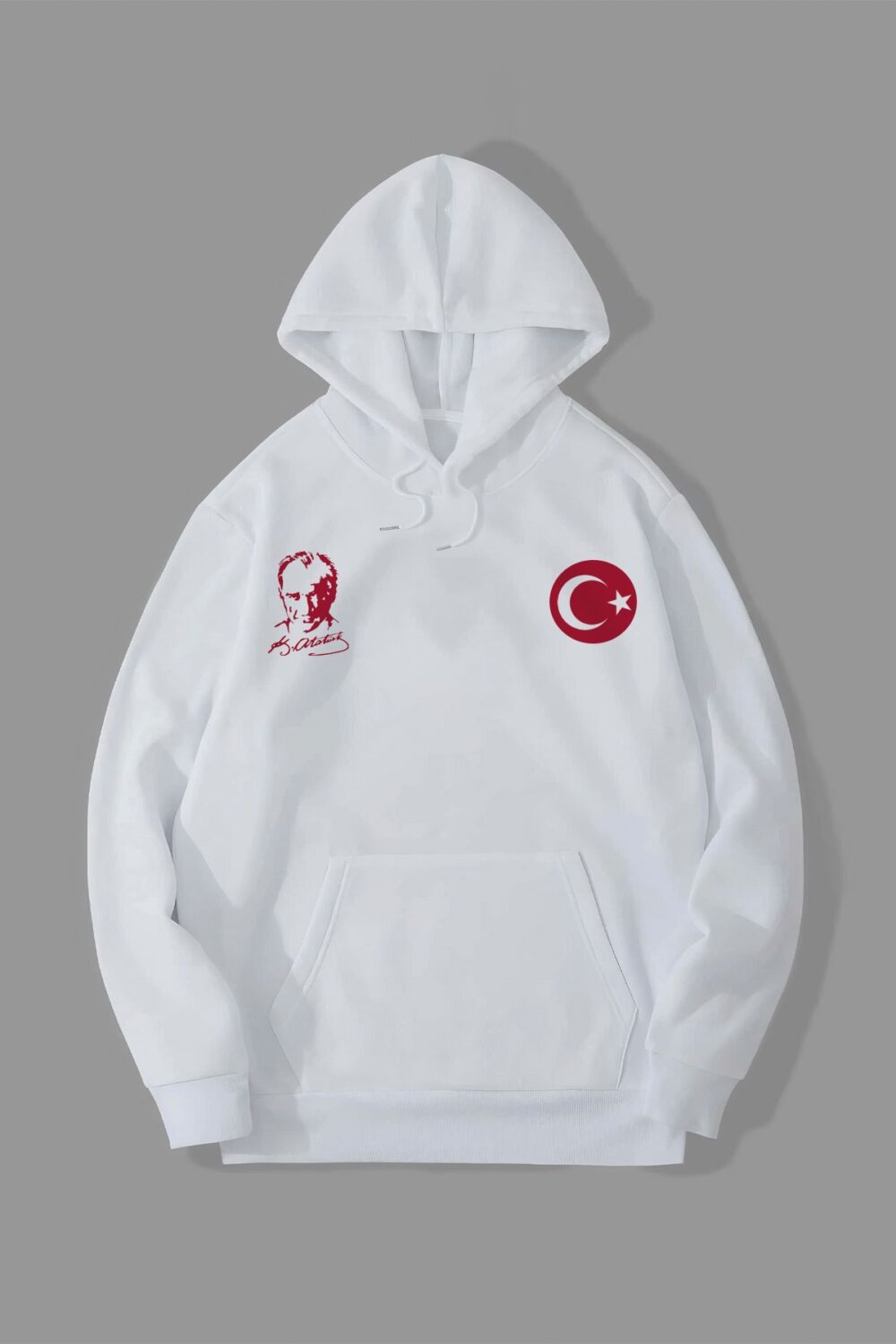 Ay Yıldız Türk Bayrağı ve Atatürk Baskılı Beyaz Kapüşonlu Sweatshirt