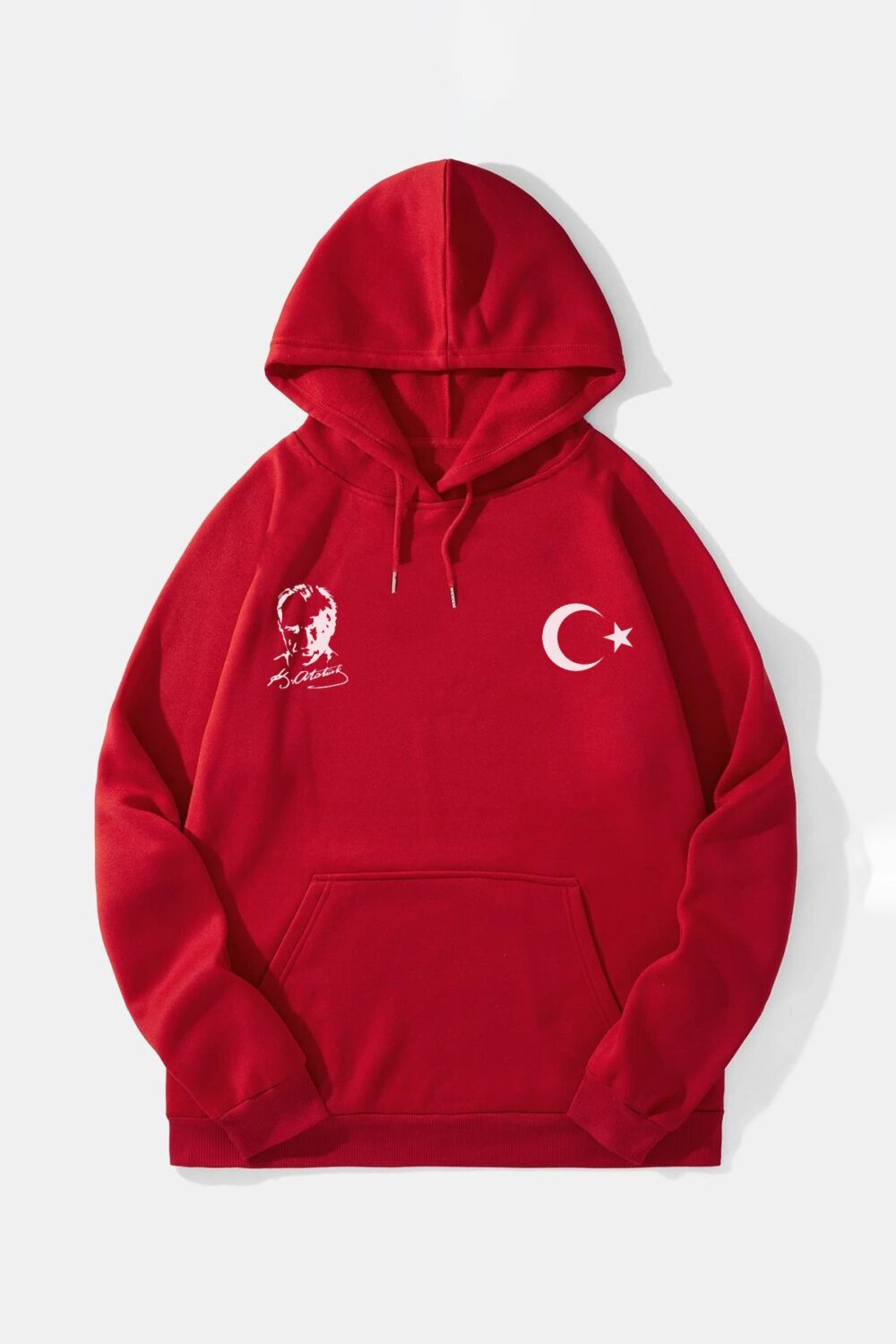 Ay Yıldız Türk Bayrağı ve Atatürk Baskılı Kırmızı Kapüşonlu Sweatshirt