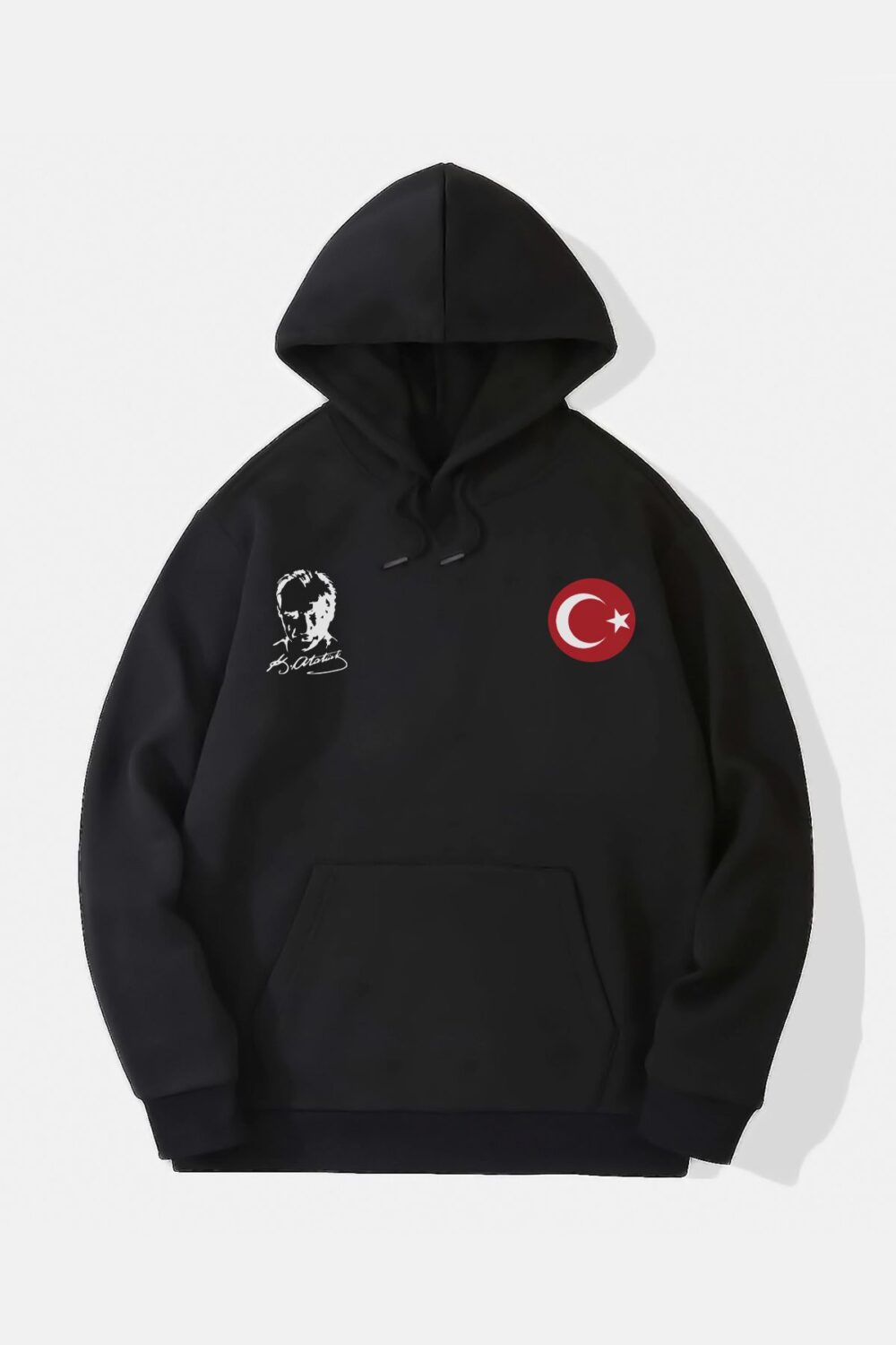 Ay Yıldız Türk Bayrağı ve Atatürk Baskılı Siyah Kapüşonlu Sweatshirt