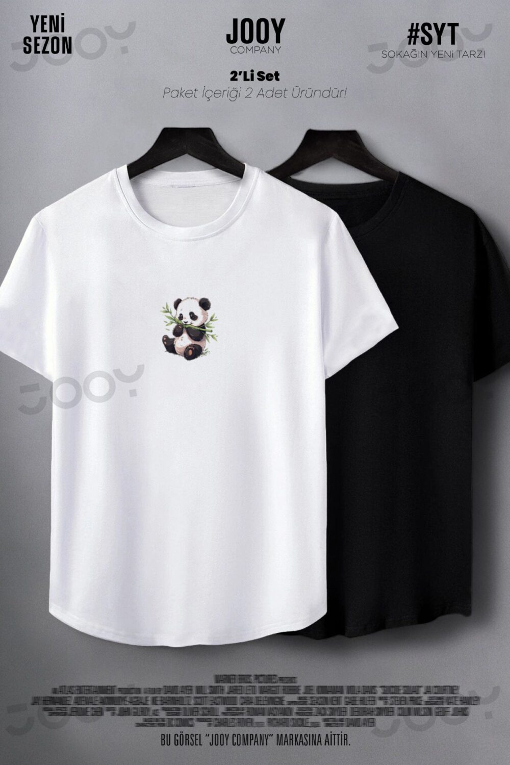 Bambu Panda Baskılı Siyah Beyaz Oval Kesim Slim Fit Tshirt 2’li Set