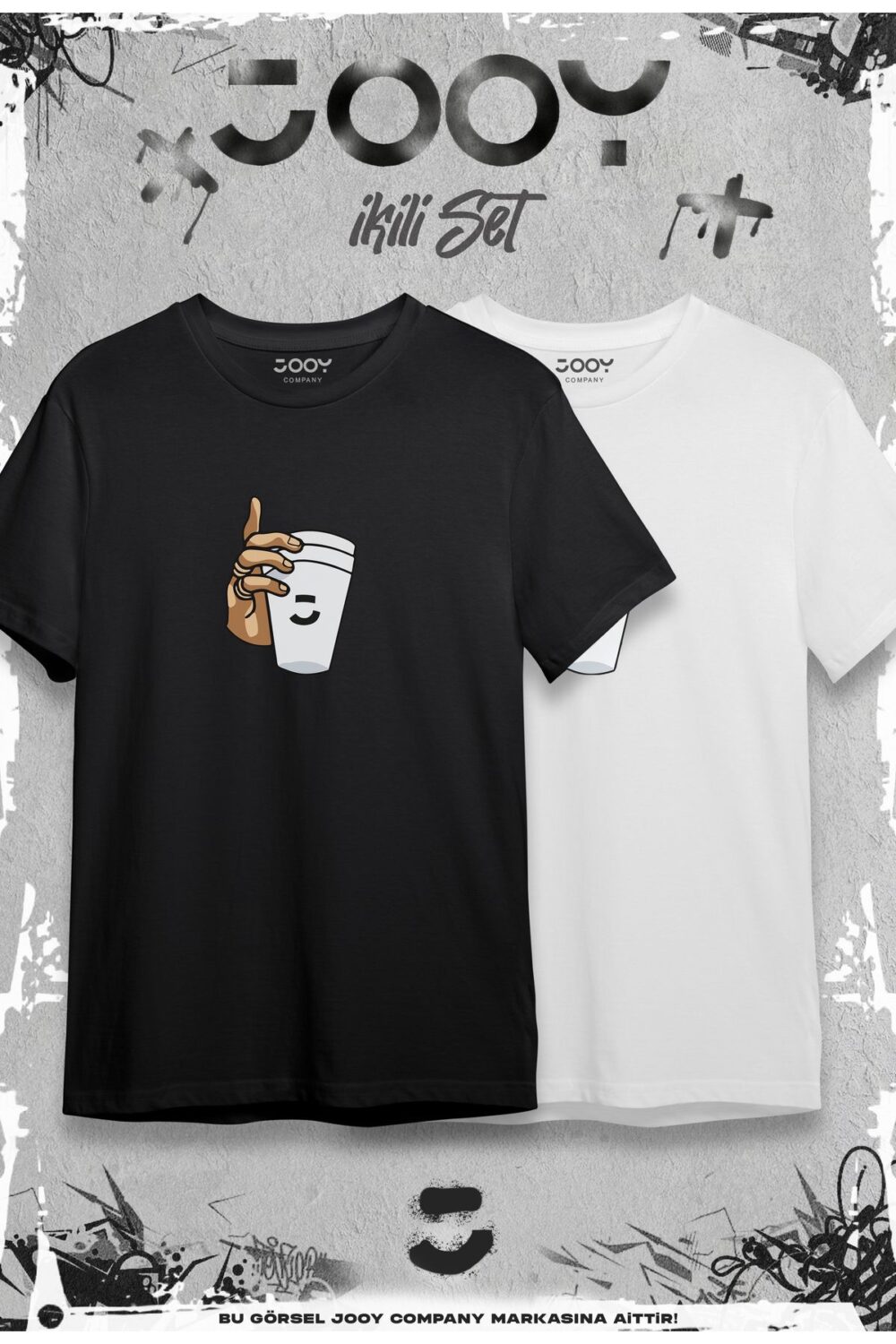 Bardak Baskılı Oversize Geniş Kalıp T-Shirt Siyah Beyaz 2’li Set