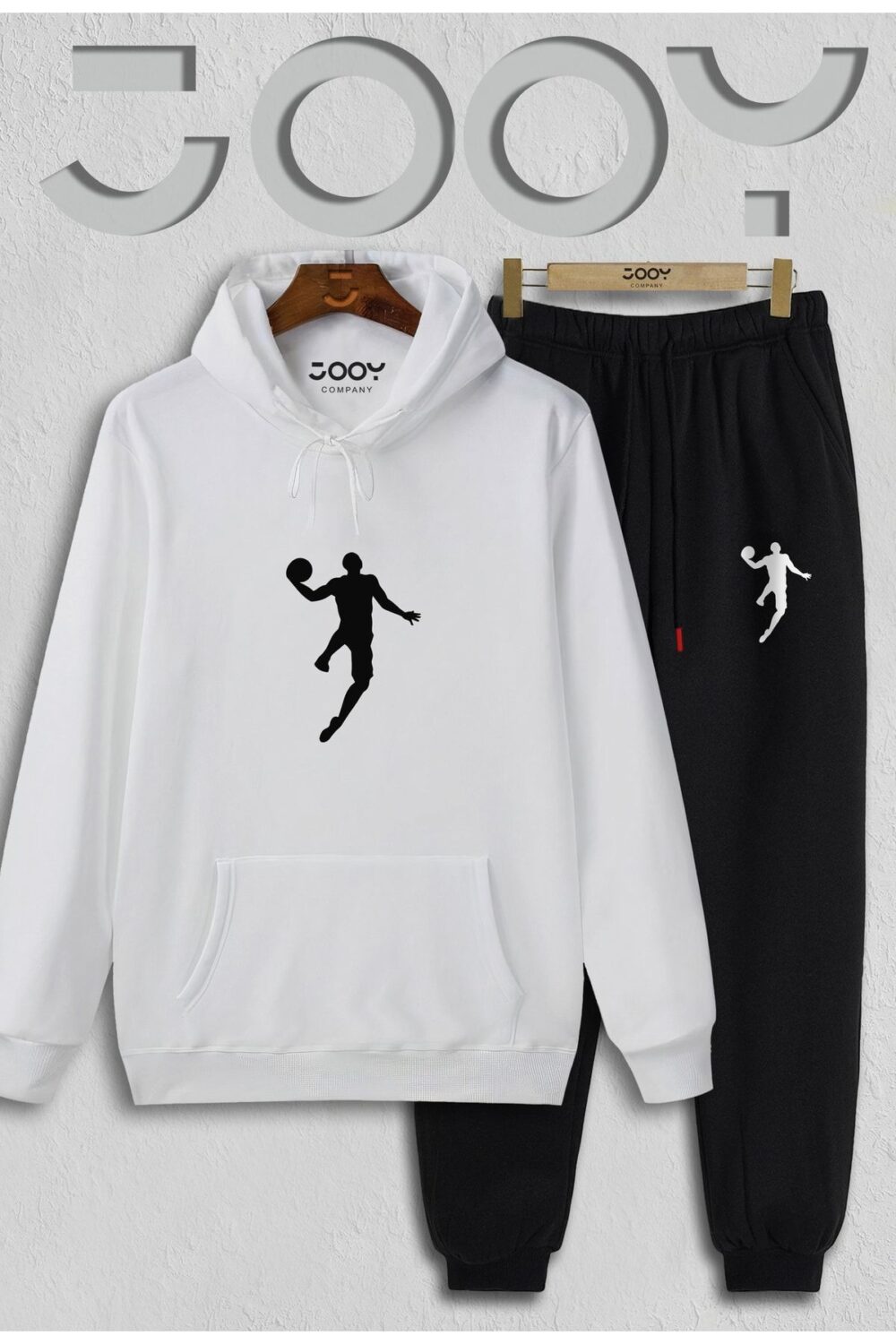 Basketball Player Beyaz Kapüşonlu Sweatshirt Siyah Eşofman Altı Takım