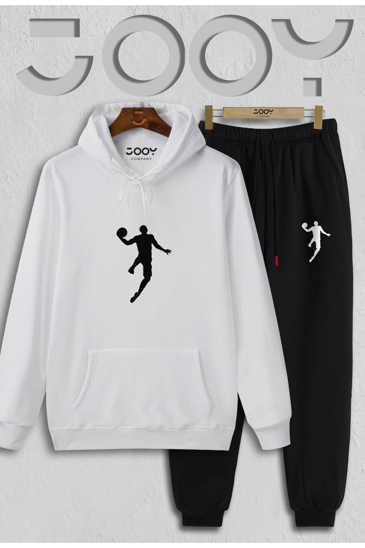 Jooy Company-Basketball Player Beyaz Kapüşonlu Sweatshirt Siyah Eşofman Altı Takım