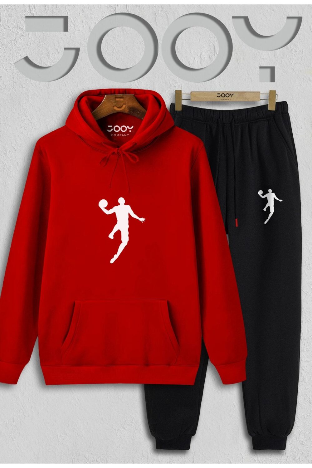 Basketball Player Kırmızı Kapüşonlu Sweatshirt Siyah Eşofman Altı Takım