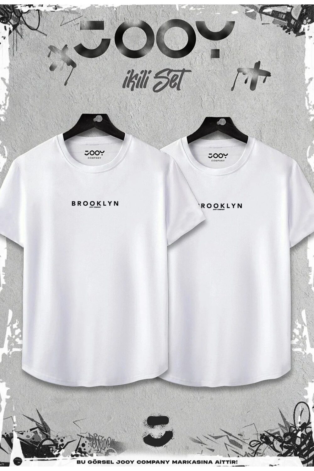 Beyaz 2’li Set Brooklyn Baskılı Slim Fit Oval Kesim Tshirt