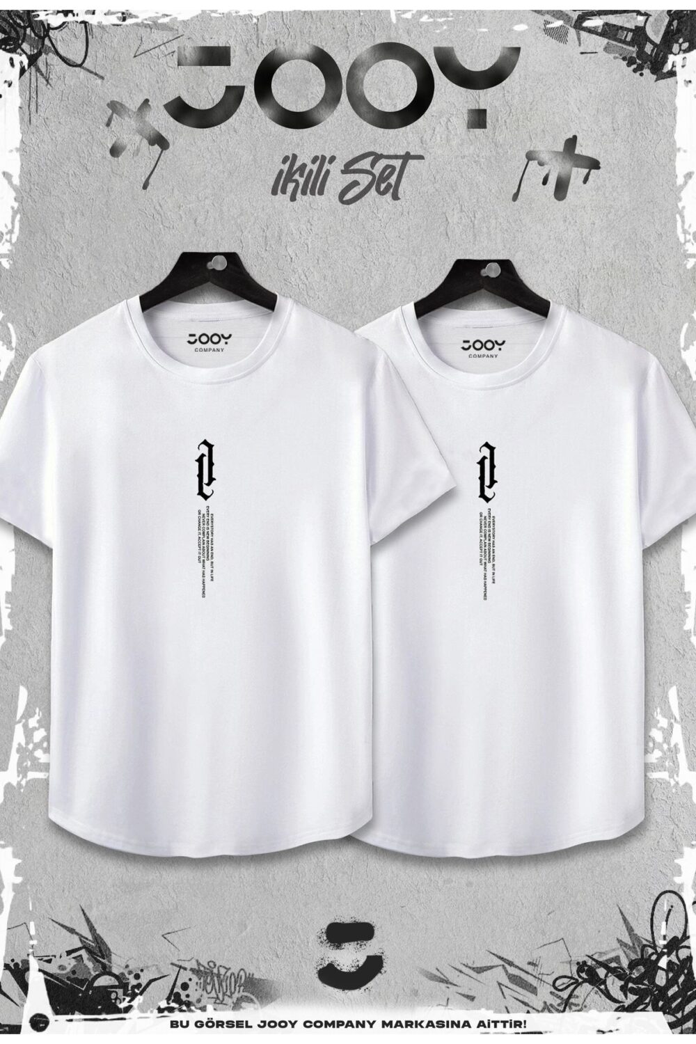 Beyaz 2’li Set Dikey Baskılı Slim Fit Oval Kesim Tshirt