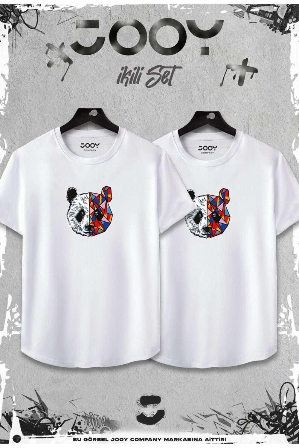 Beyaz 2’li Set Panda Baskılı Slim Fit Oval Kesim Tshirt