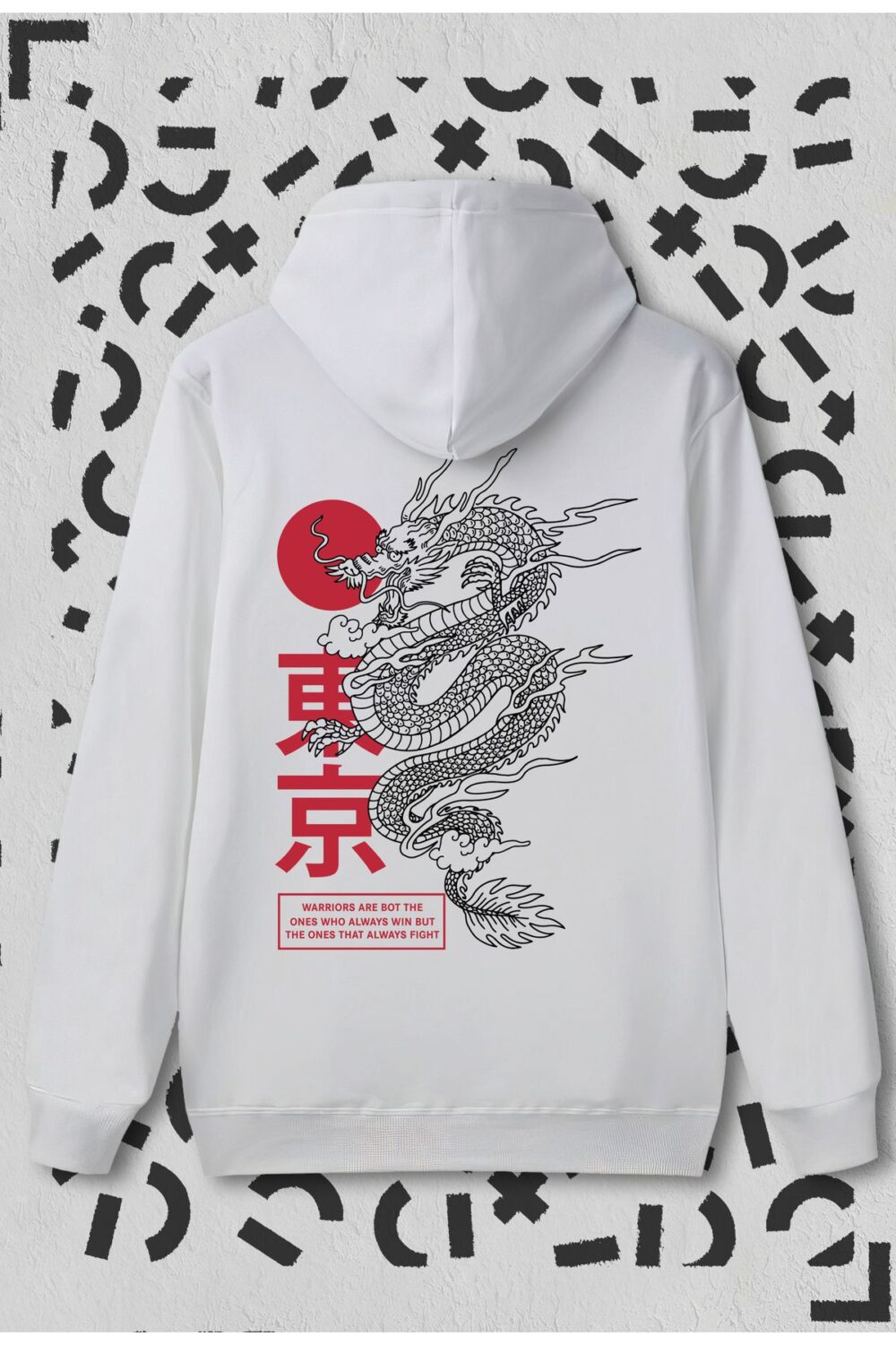 Beyaz Japan Dragon Baskılı Kapüşonlu Sweatshirt