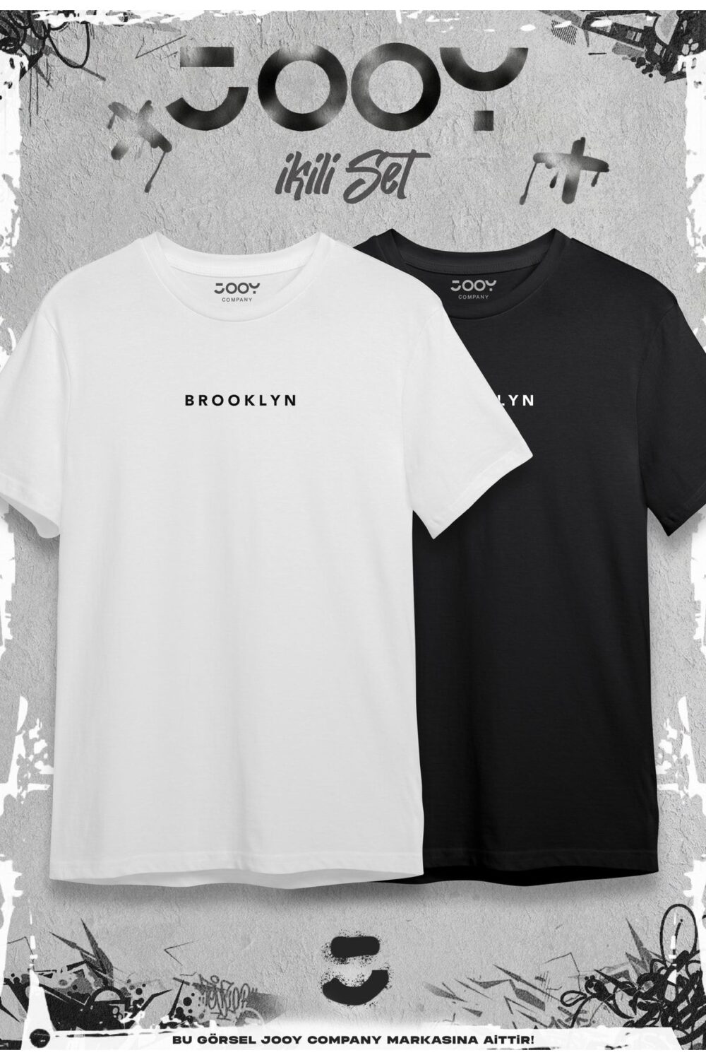 Brooklyn Baskılı Bisiklet Yaka Tshirt Siyah Beyaz 2’li Set