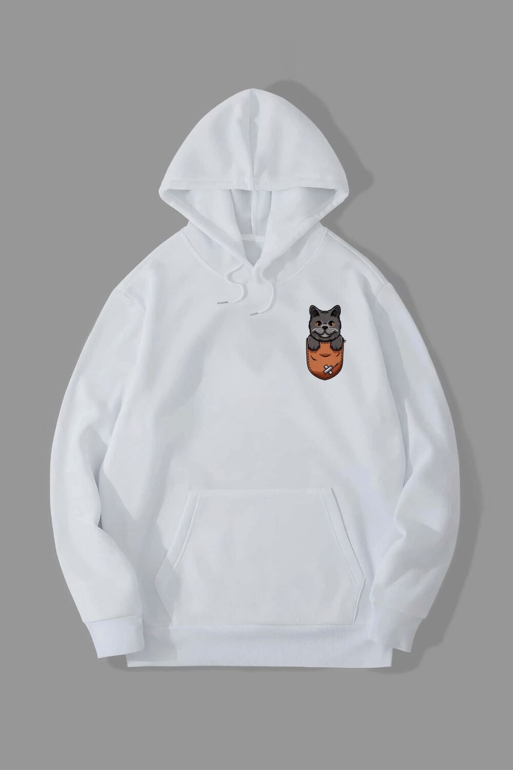 Cepteki Kedi Baskılı Beyaz Kapüşonlu Sweatshirt Hoodie