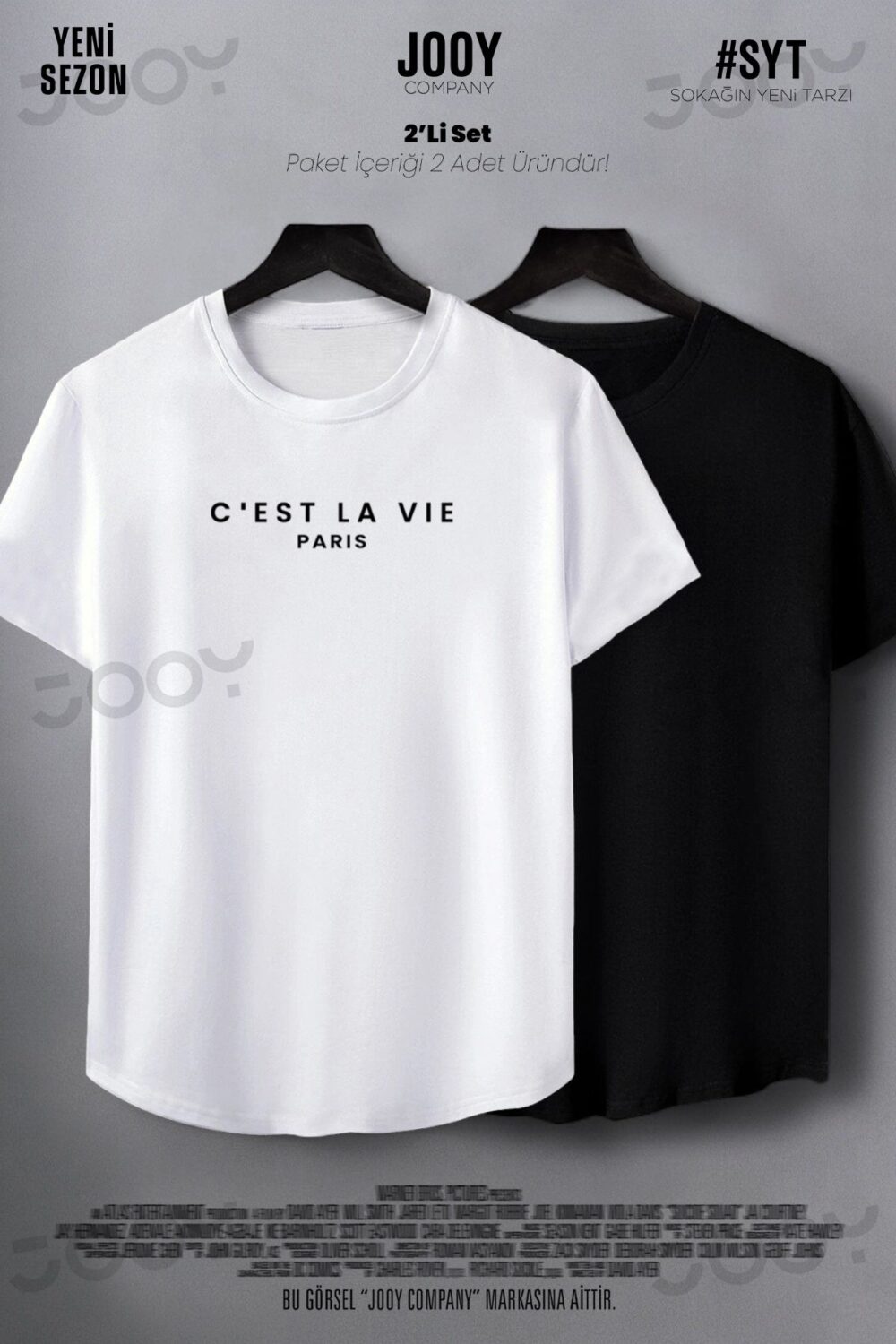 C’est La Vie Paris Baskılı Siyah Beyaz Oval Kesim Tshirt 2’li Set