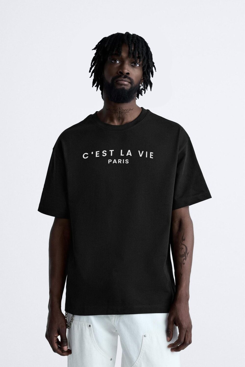 C’est La Vie Paris Baskılı Siyah Oversize Tshirt