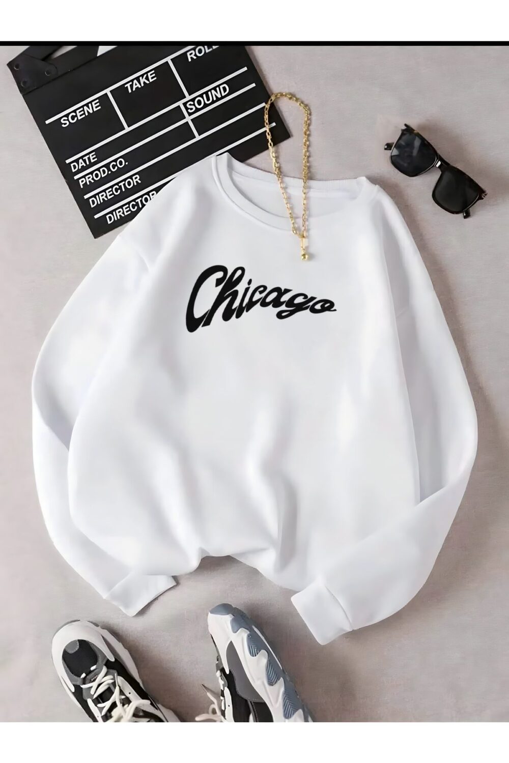 Chicago Baskılı Beyaz Bisiklet Yaka Oversize Sweatshirt