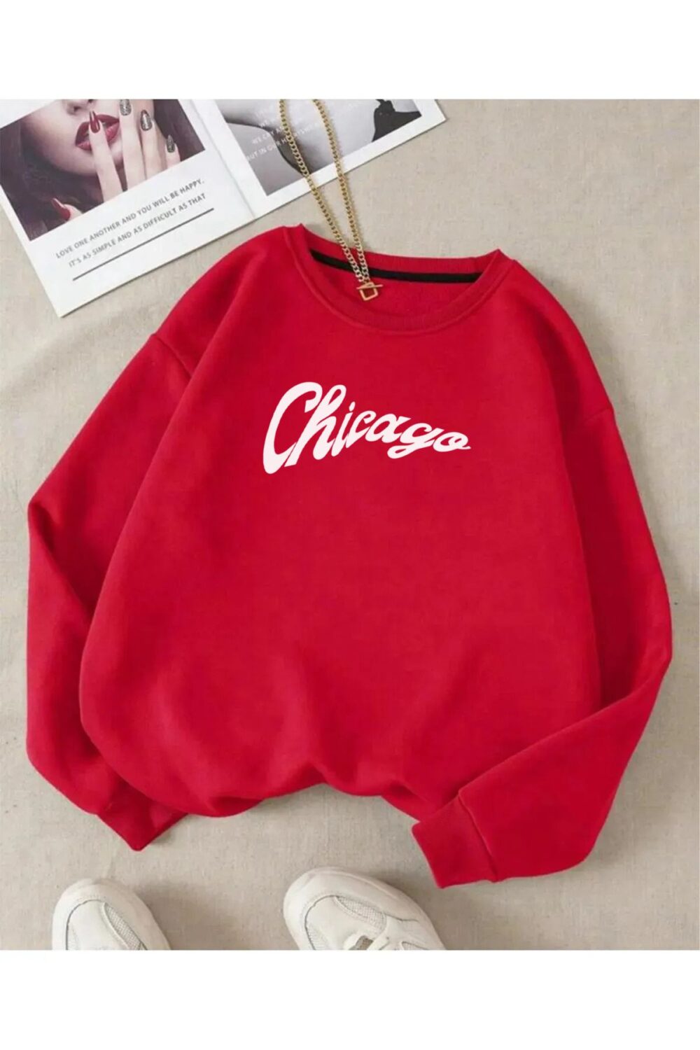 Chicago Baskılı Kırmızı Bisiklet Yaka Oversize Sweatshirt