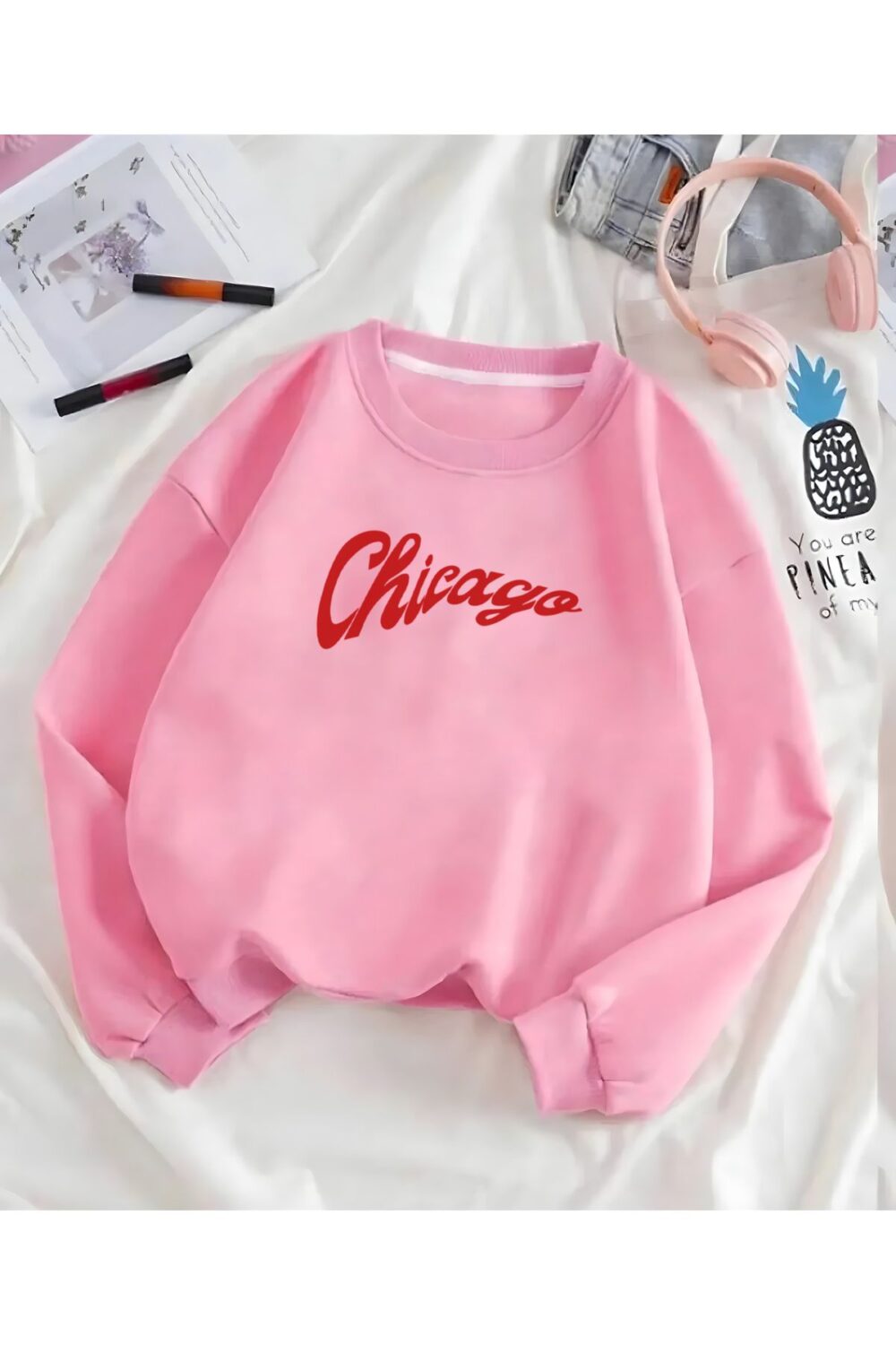 Chicago Baskılı Pembe Bisiklet Yaka Oversize Sweatshirt