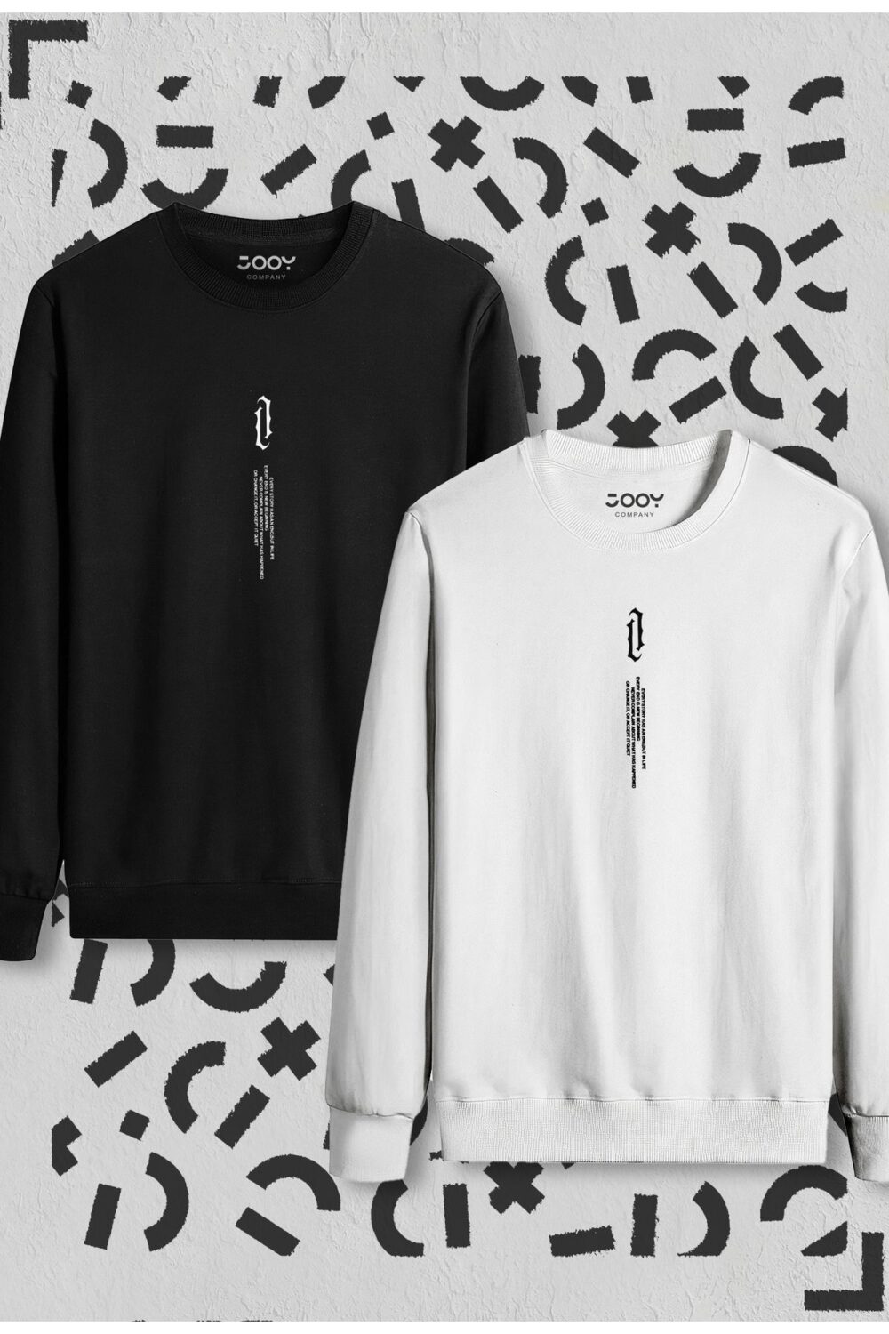 Dikey Baskılı Siyah Beyaz Bisiklet Yaka Sweatshirt 2’li Set