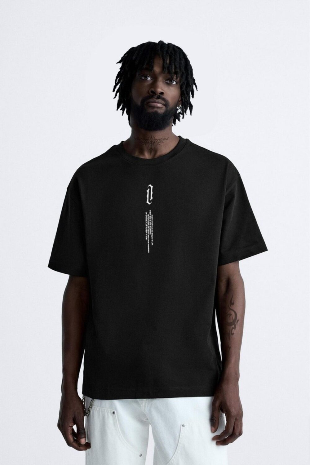 Dikey Baskılı Siyah Oversize Tshirt