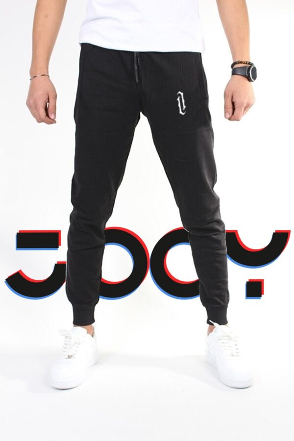 Jooy Company-Dikey Baskılı Siyah Penye Slim Fit Erkek Eşofman Altı - Yeni Sezon