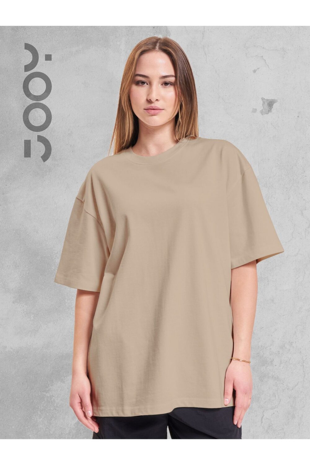 Düz Bej Bisiklet Yaka Oversize Boyfriend Basic Tshirt