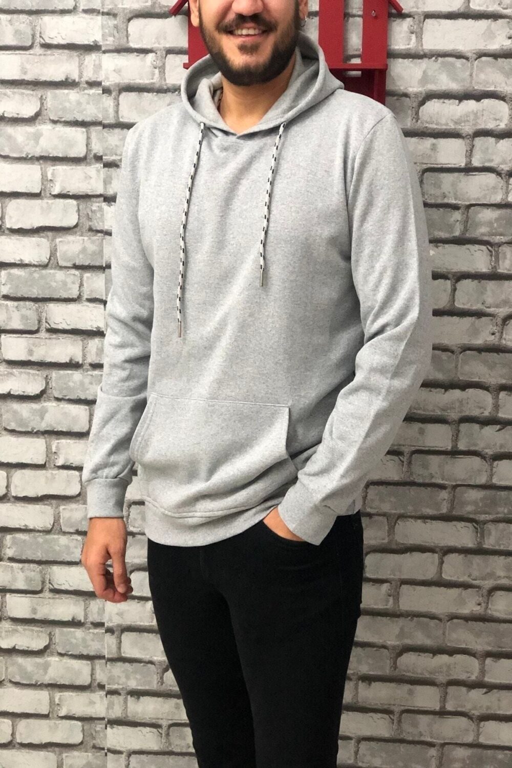 Erkek Gri Kapüşonlu Sweatshirt