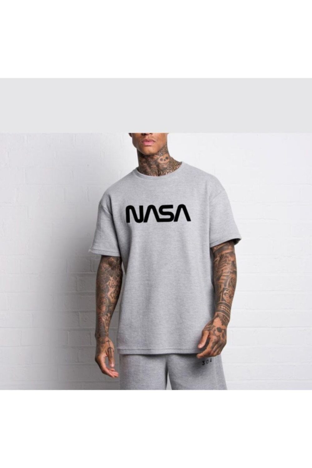 Erkek Gri Nasa Baskılı T-Shirt