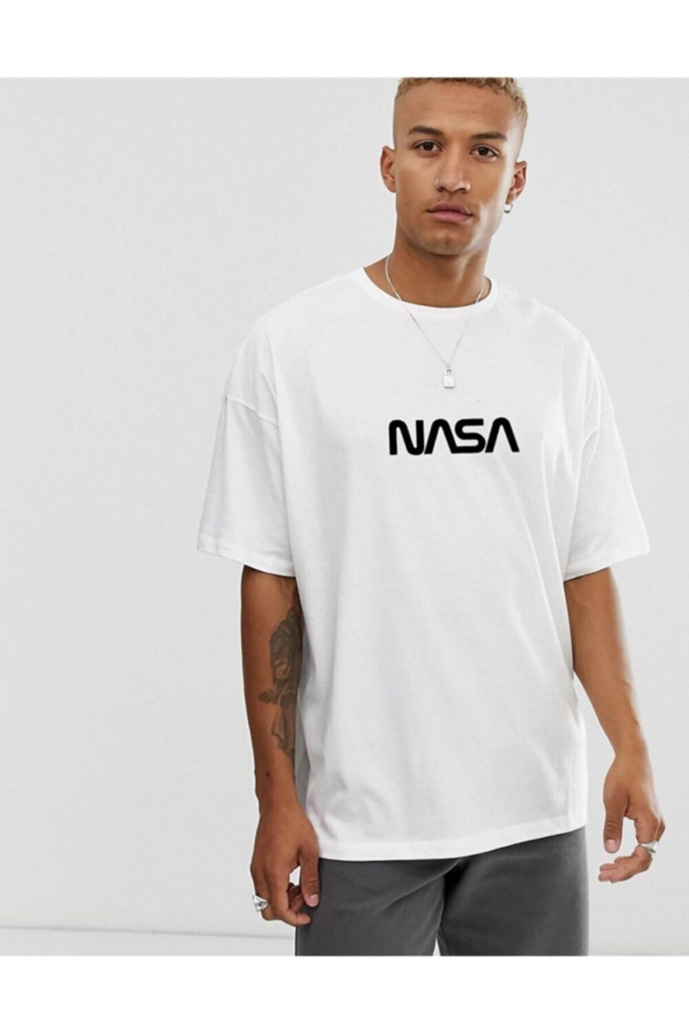 Erkek Nasa Baskılı Beyaz Tshirt