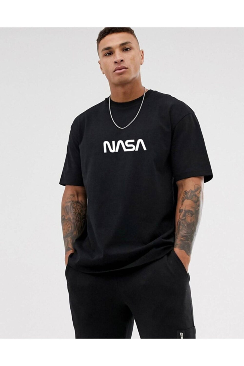 Erkek Nasa Baskılı Siyah Tshirt