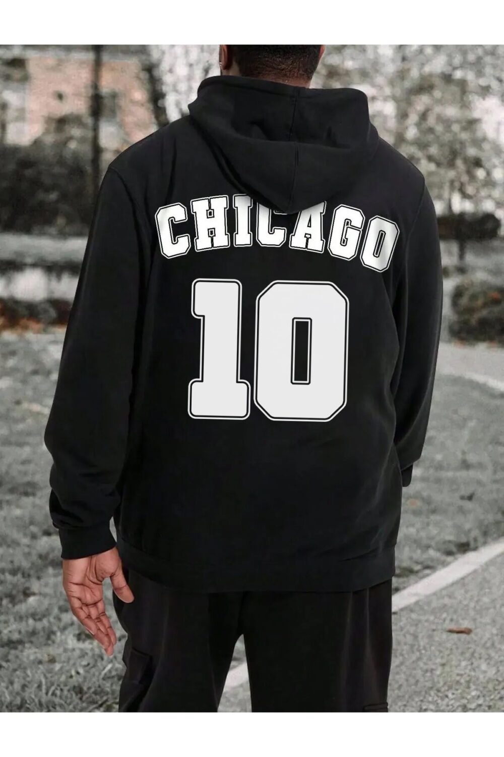 Erkek Siyah Chicago 10 Baskılı Kapüşonlu Sweatshirt