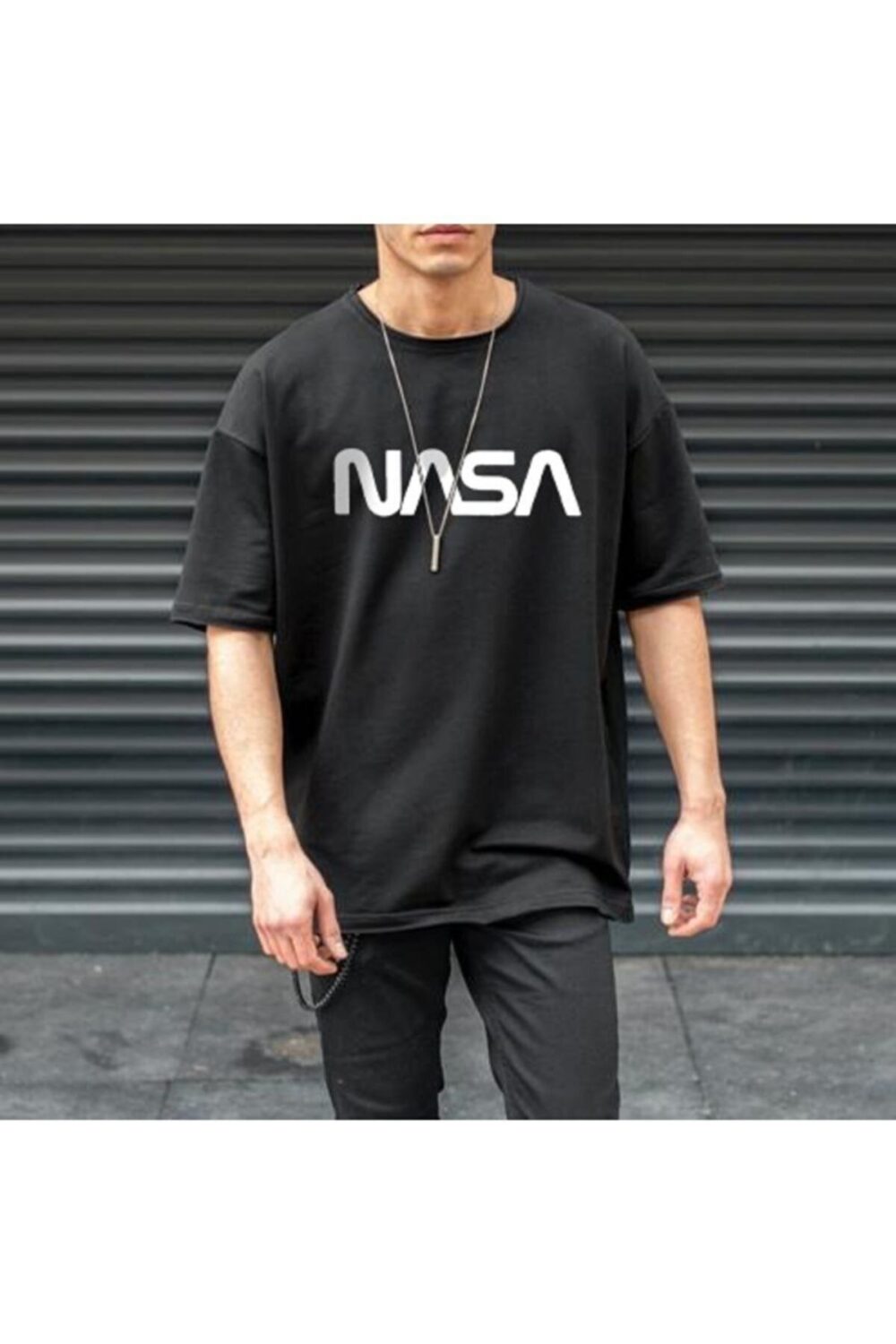 Erkek Siyah Nasa Baskılı T-Shirt