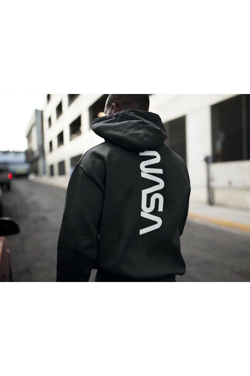 Erkek Siyah Nasa Sırt Baskılı Kapüşonlu Sweatshirt Hoodie