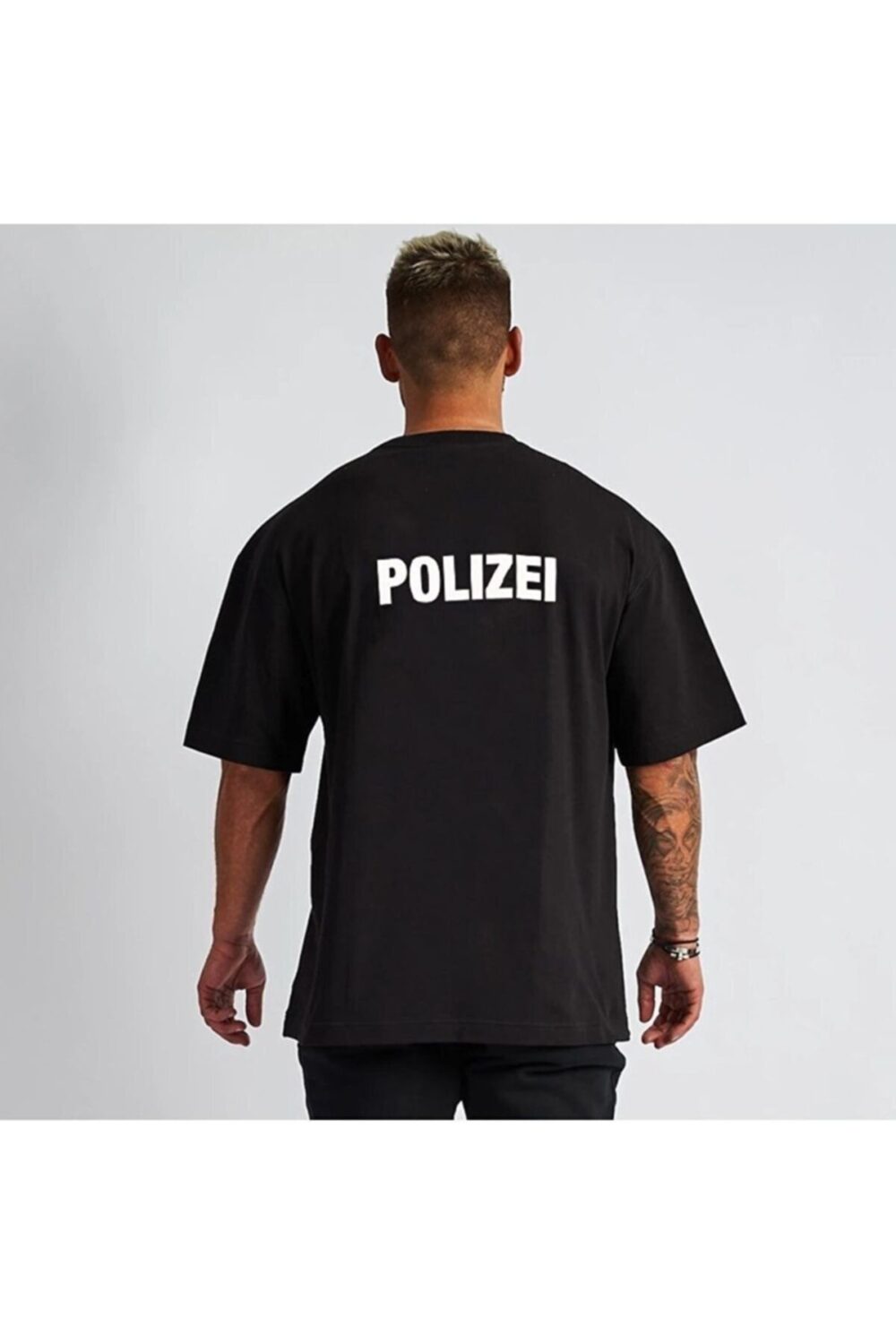 Erkek Siyah Polizei Baskılı Tshirt