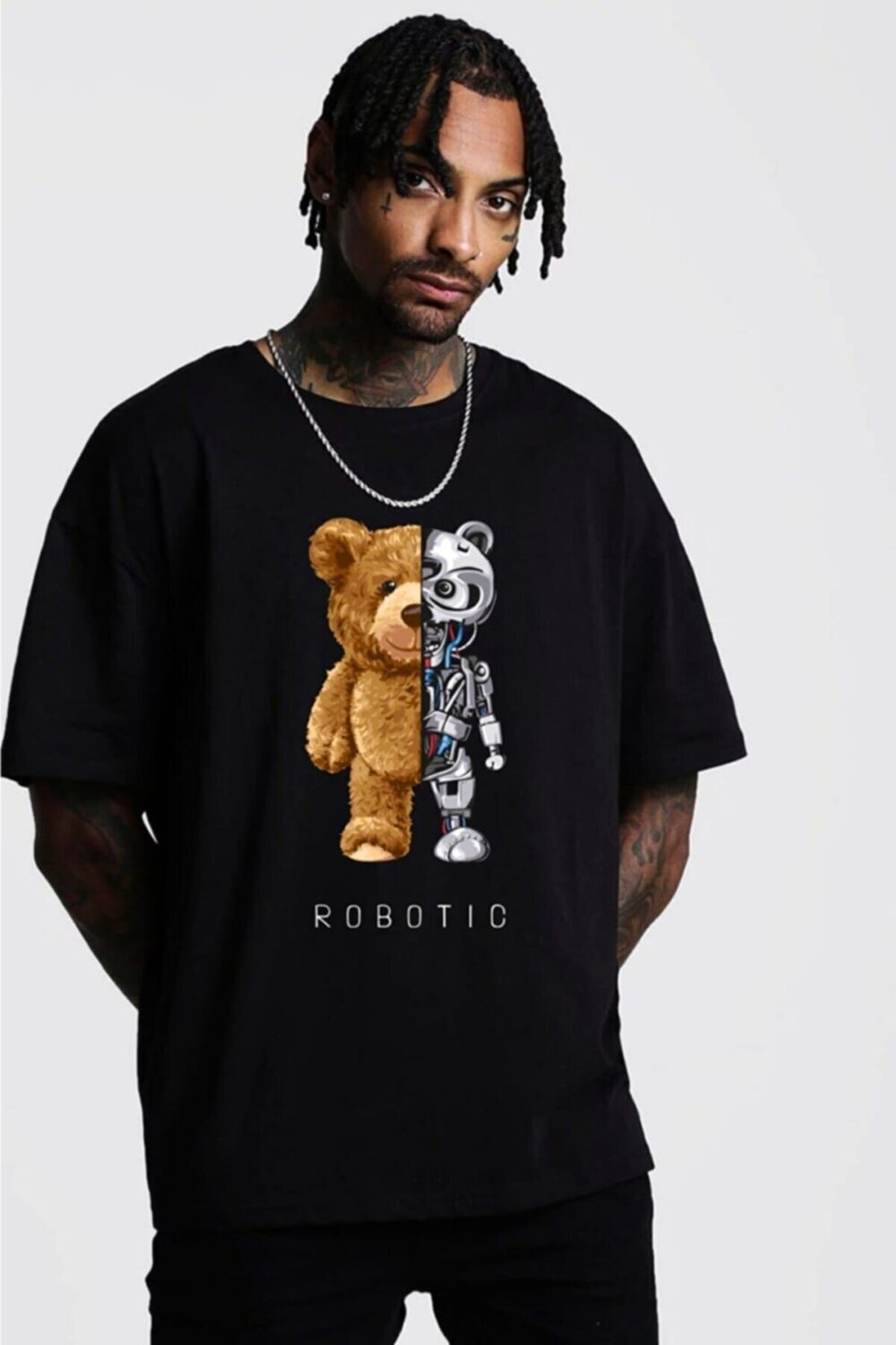 Erkek Siyah Robotic Baskılı Tshirt