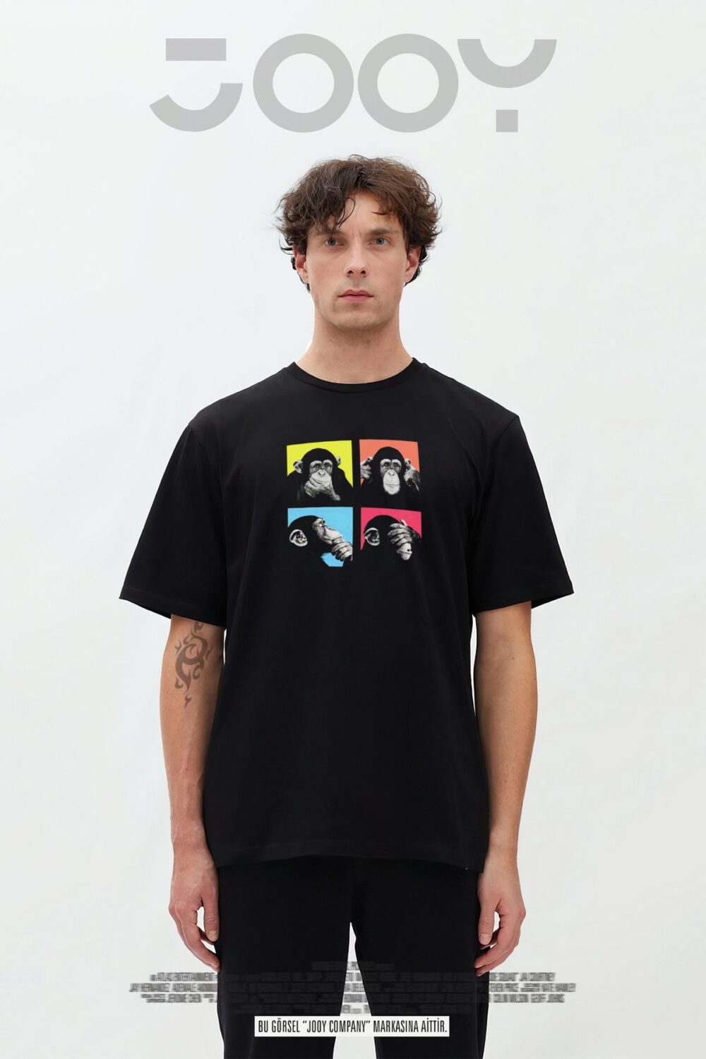 Four Monkey Baskılı Siyah Oversize Tshirt