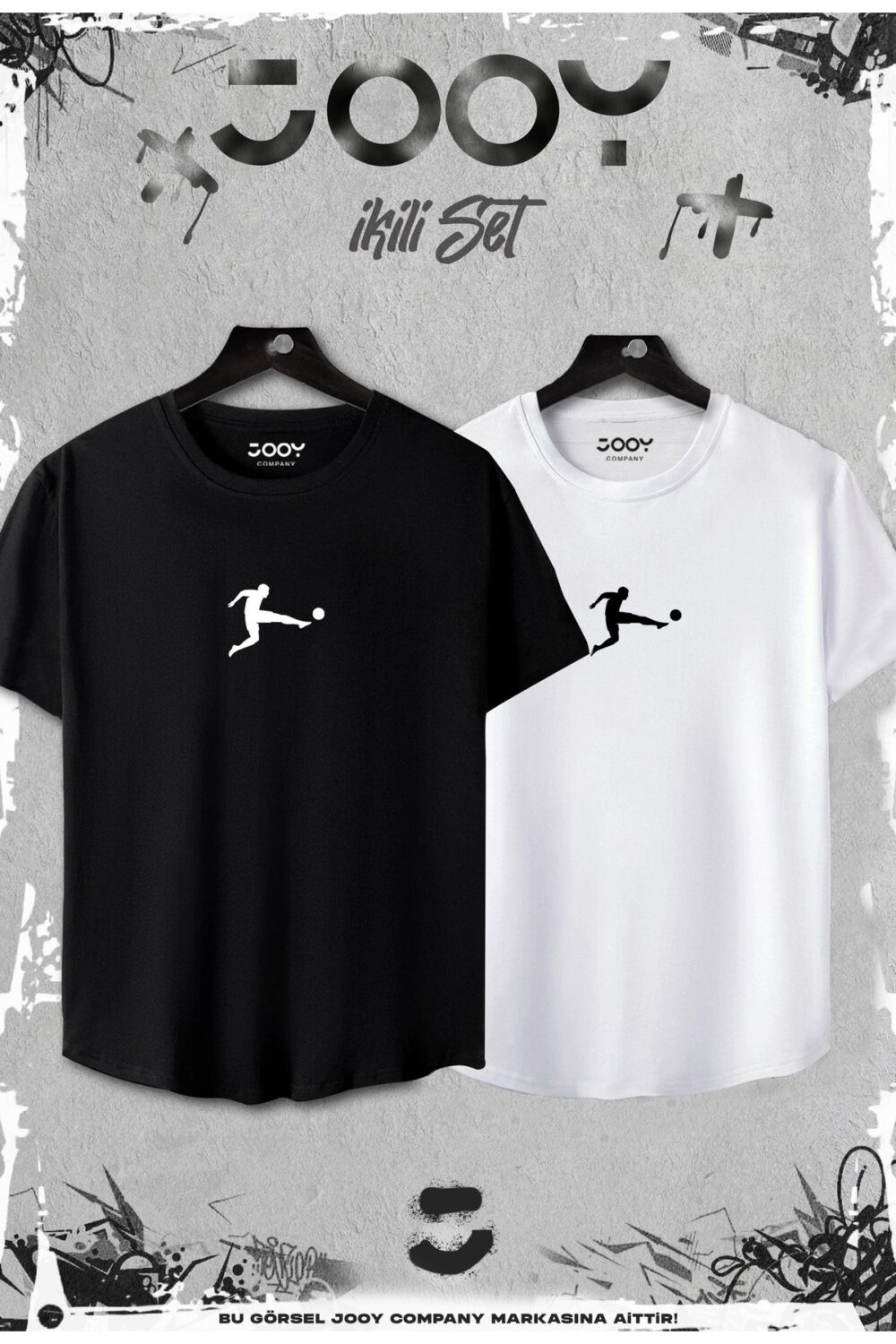 Futbolcu Baskılı Siyah Beyaz Oval Kesim Slim Fit Tshirt 2’li Set