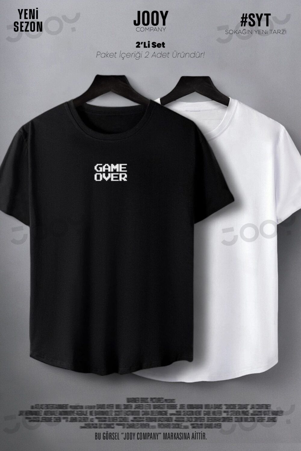 Game Over Baskılı Siyah Beyaz Oval Kesim Slim Fit Tshirt 2’li Set