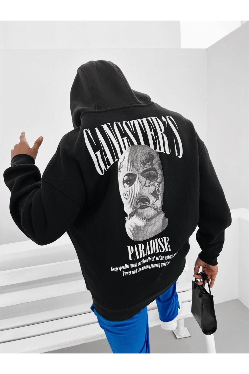 Gangster’s Paradise Baskılı Siyah Kapüşonlu Sweatshirt