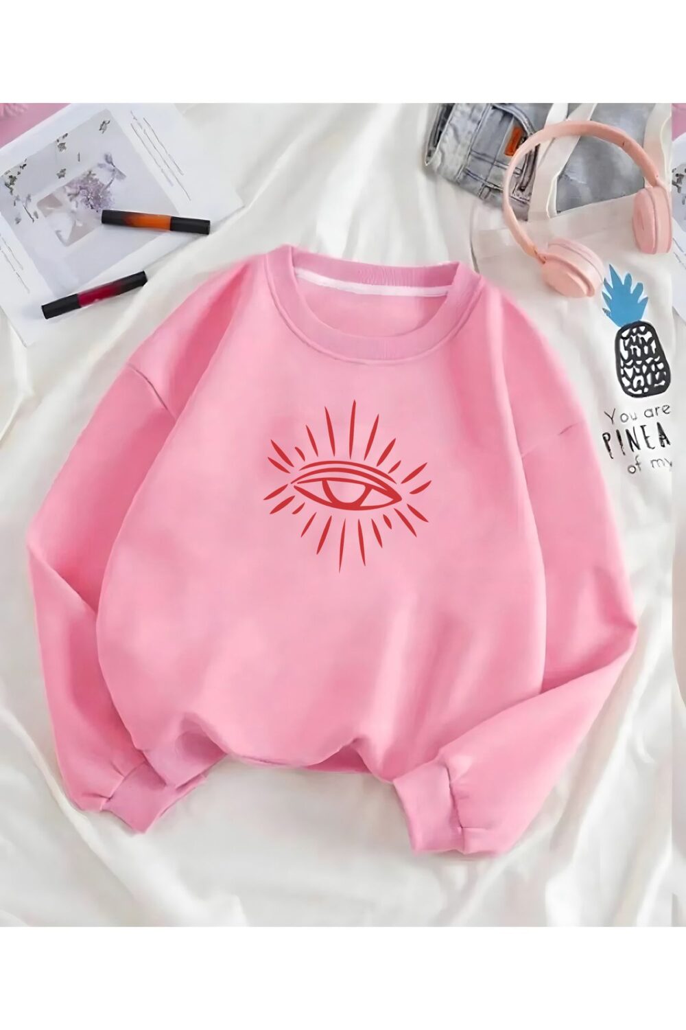 Göz Baskılı Pembe Bisiklet Yaka Oversize Kadın Sweatshirt